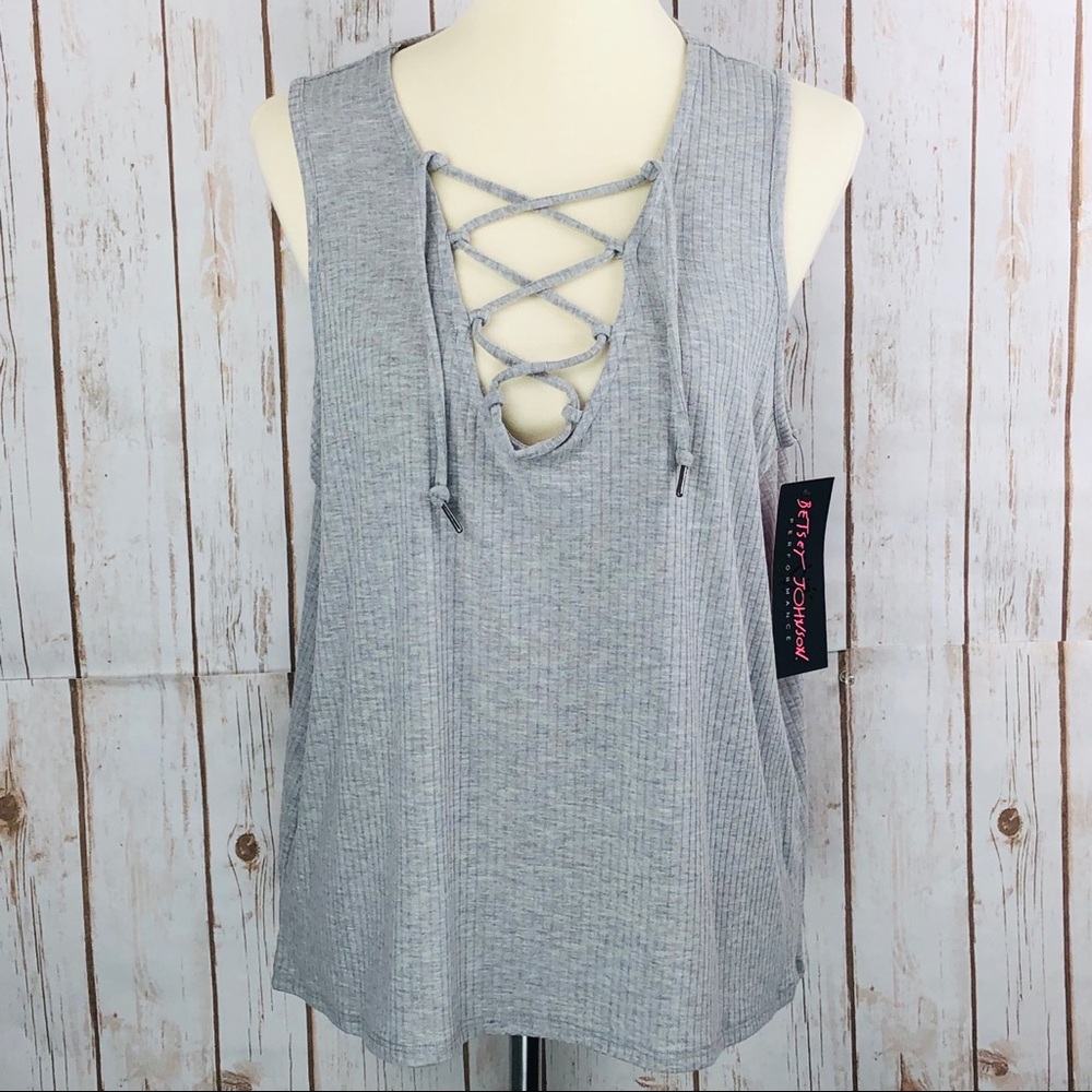 Betsey Johnson Ribbed Lace Up Gray Tank Top